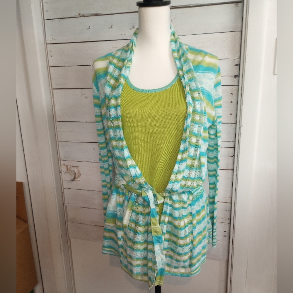 Beatrix 2 Piece Set Beach Stripe Belted Open Duster Jacket with Tank Size Small